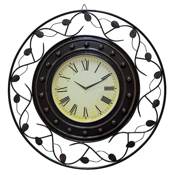 Quickway Imports Vintage Roman Numerical Wall Clock with Black Metal Leaf Design Frame, for Dining, Living Room QI004254 - main